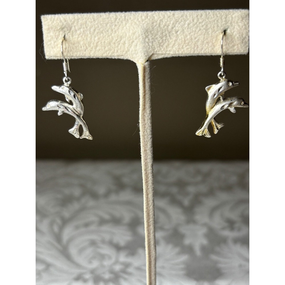 Sterling Silver 925 Double Dolphin Dangle Earrings Nautical Aquatic Jewelry